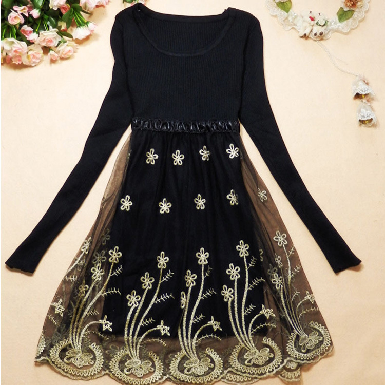 <em>秋</em>款连衣裙2013新款<em>大码女装</em>网纱刺绣拼接长