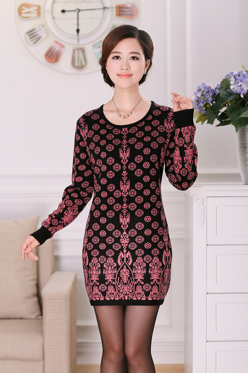 批发 2013秋装新品<em>女士中</em>老年修身长袖连衣短
