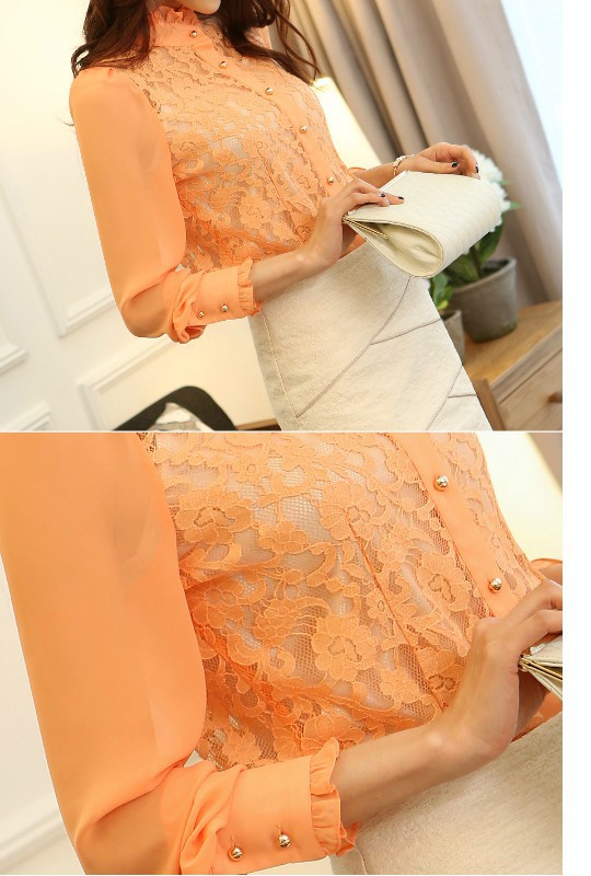 日系风蕾丝拼接镂空<em>长袖衬衫</em>小<em>立领开衫荷叶边</em>