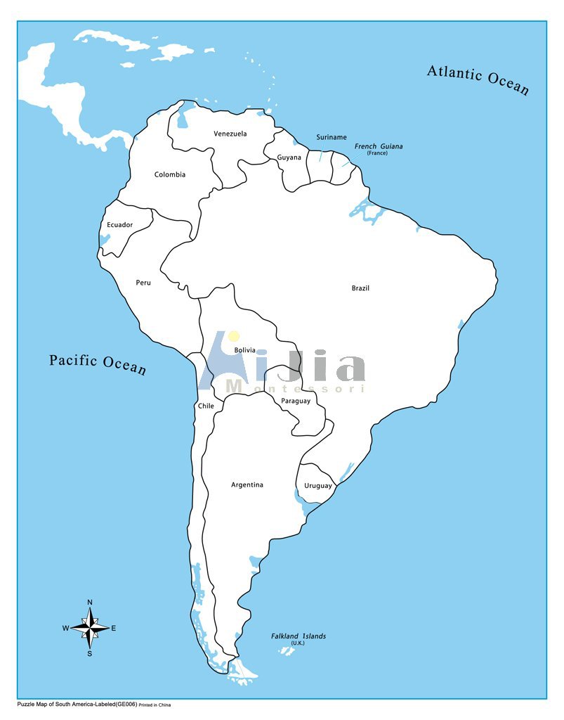 南美洲地图 有标记 montessori 蒙氏教具/幼儿园教具