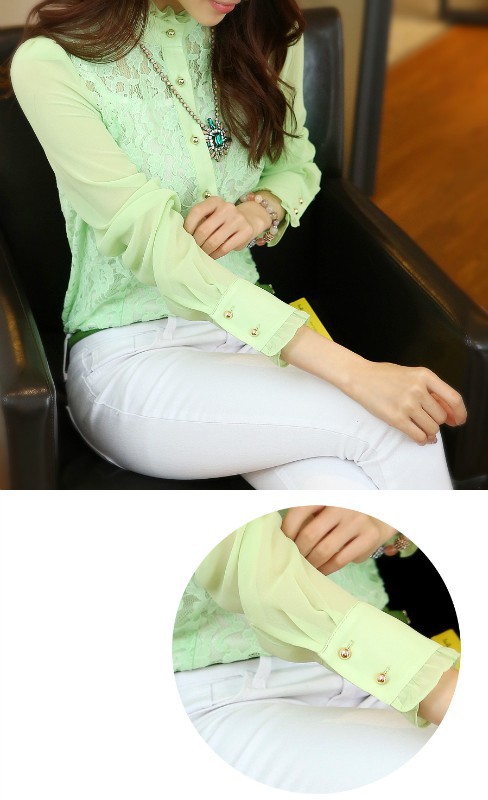 【日系风蕾丝拼接镂空<em>长袖衬衫</em>小<em>立领开衫荷叶</em>