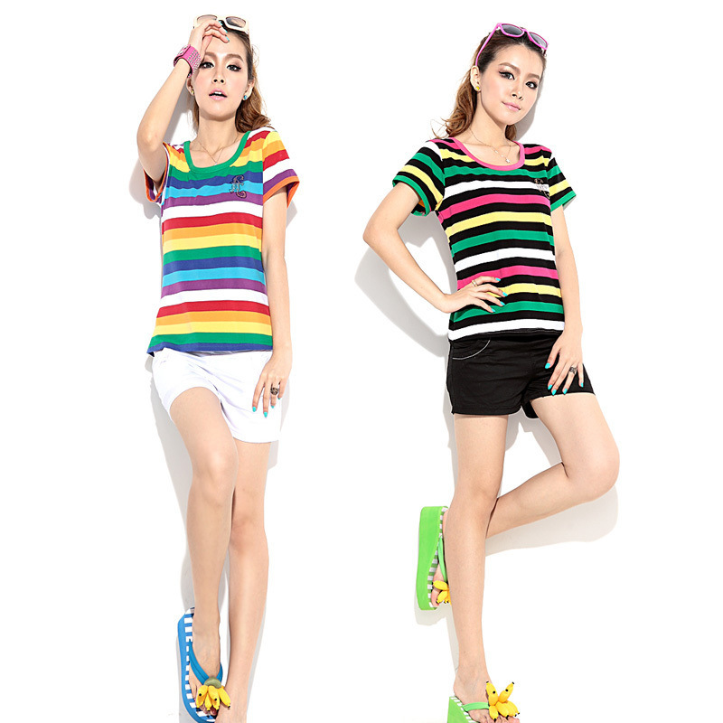 条纹T恤短袖女夏装韩版大码女装烫钻彩虹条纹