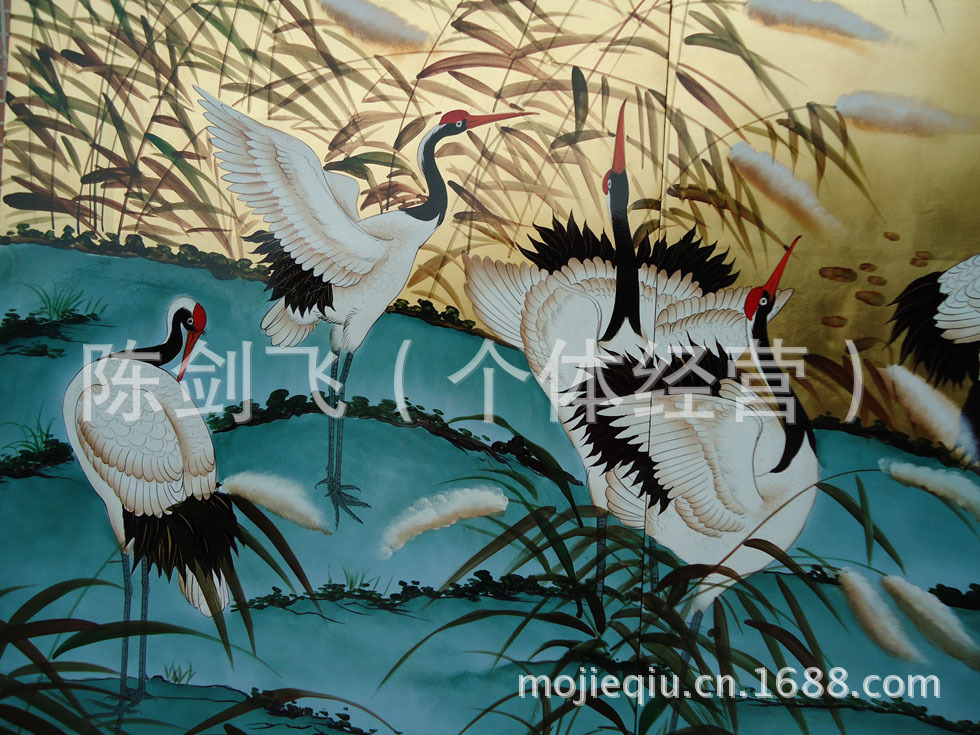 手绘仙鹤图 屏风 漆画 玄关 金箔壁画 酒店屏风
