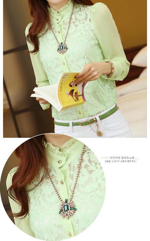 日系风蕾丝拼接镂空<em>长袖衬衫</em>小<em>立领开衫荷叶边</em>