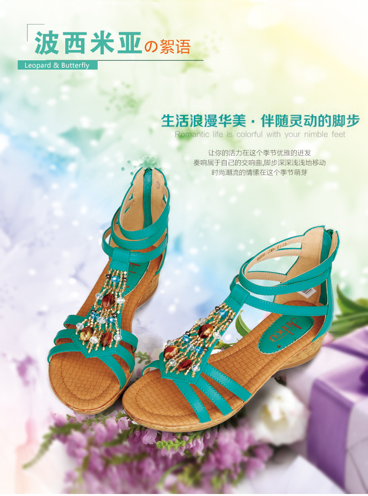 金猴新款<em>夏季女士凉鞋</em>民族风真皮凉鞋三色波西
