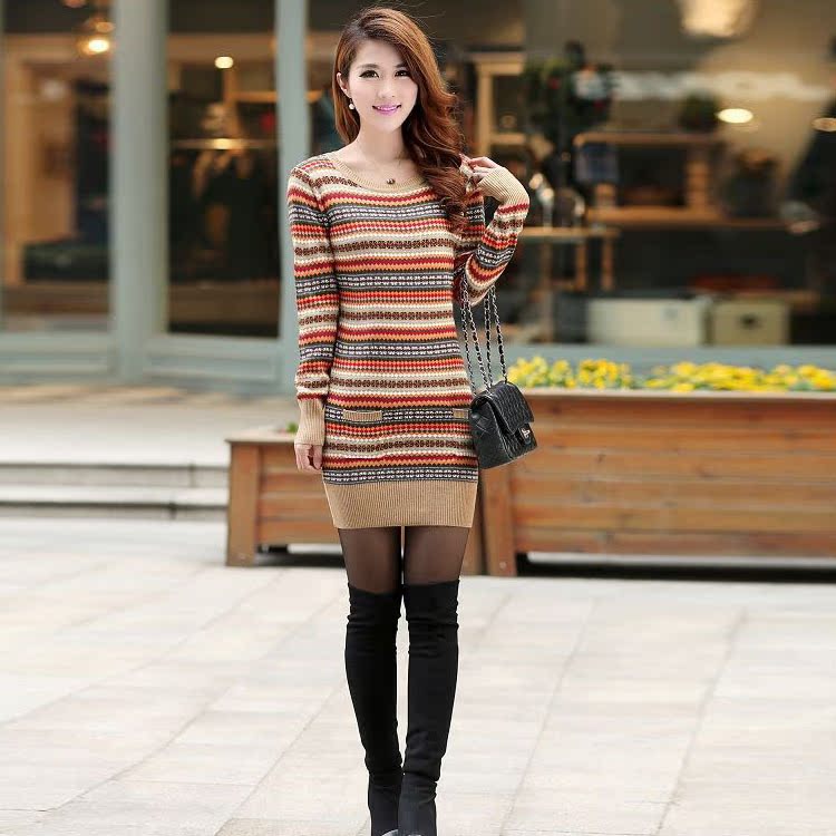 8<em>哥弟</em>复古民族风口袋<em>圆领毛衣</em>女 修身打底中长
