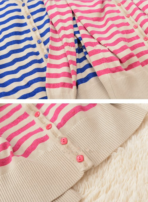 【秋装新款时尚学院<em>条纹</em>百搭中长款<em>针织开衫</em>V