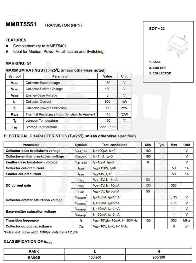 贴片mmbt2n5551lt1 g1 sot-23 ( 96元/盘 3k )