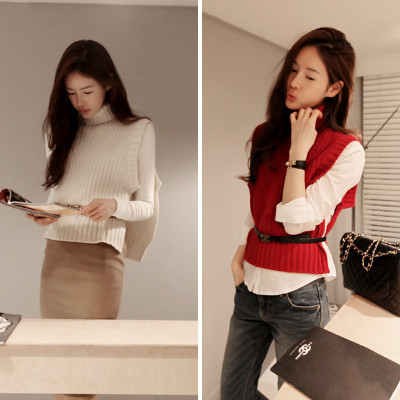 韩国时尚秋冬<em>毛衣</em>背心开叉<em>高领</em>保暖<em>毛衣马甲</em>(