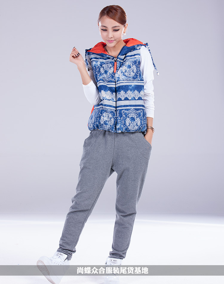 【秋<em>冬季</em> 韩版 潮<em>女士</em>短款<em>马夹</em> 连帽古典青花羽