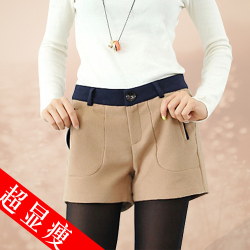 2013秋<em>冬装</em>新款女装撞色直筒口袋毛呢<em>短裤</em>靴