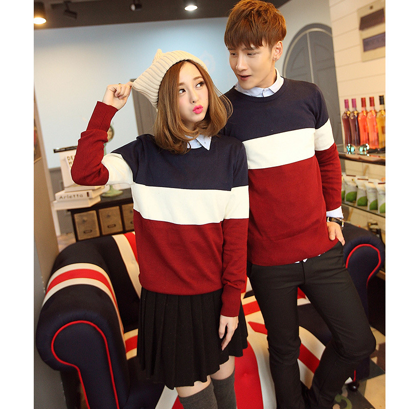 批发<em>复古</em>配色男女款<em>条纹</em>针织衫 情侣针织衫 套