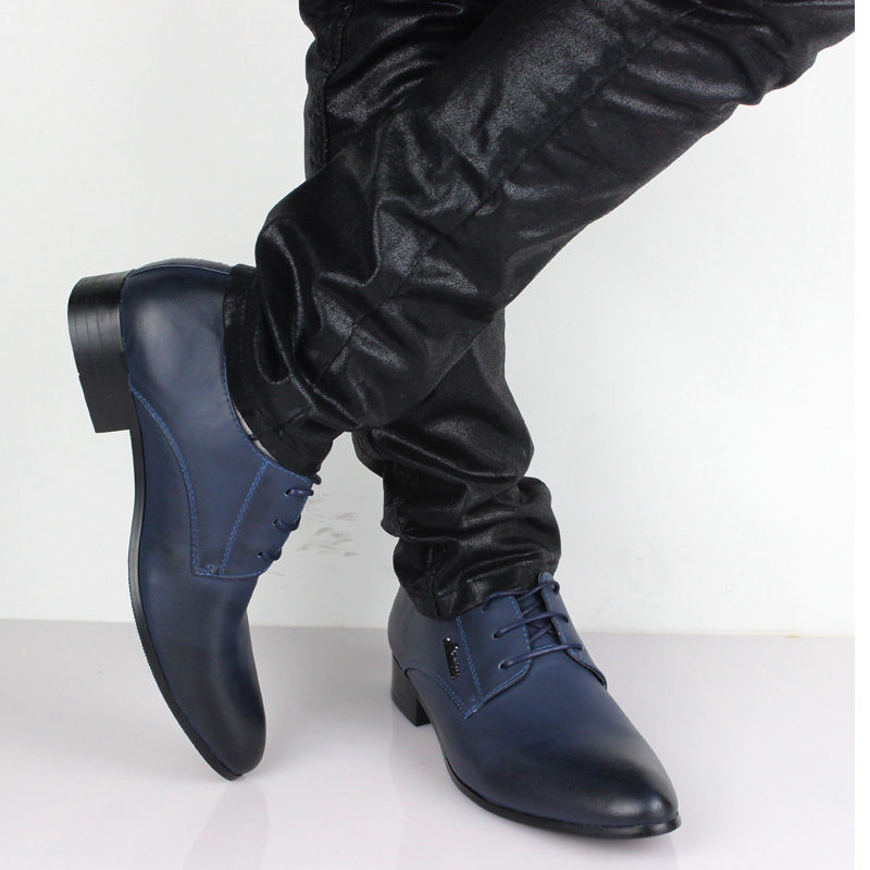 男士尖头皮鞋 男韩版英伦潮流蓝色商务正装休