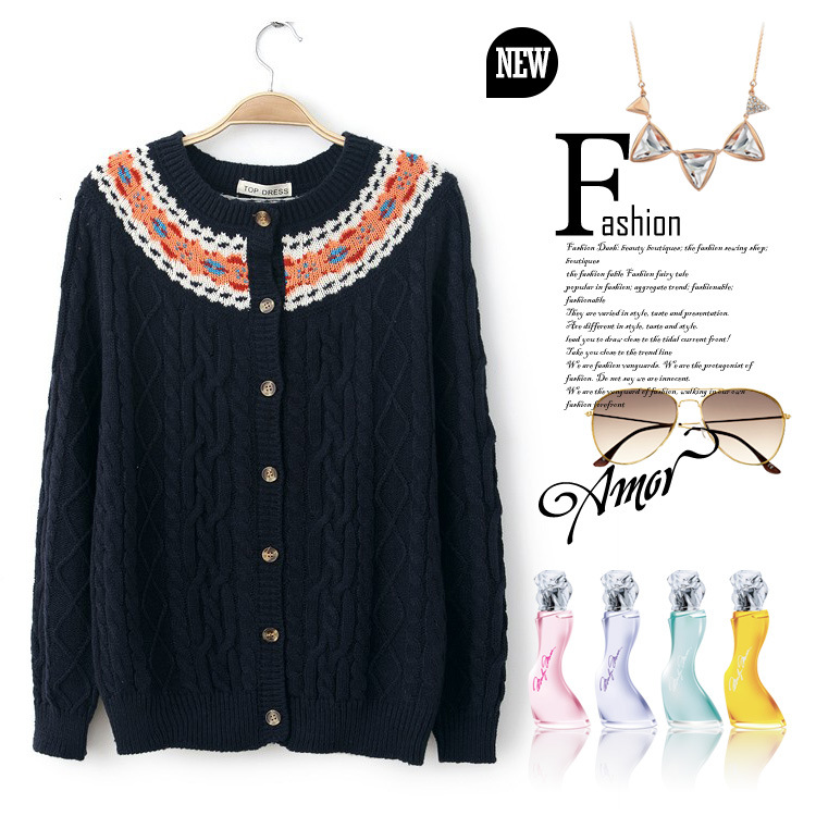 H0258 2013秋季新款 提花民族风<em>领口</em>麻花针织