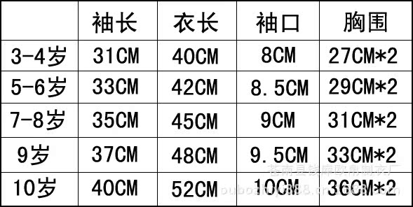 兒童保暖套裝尺碼表