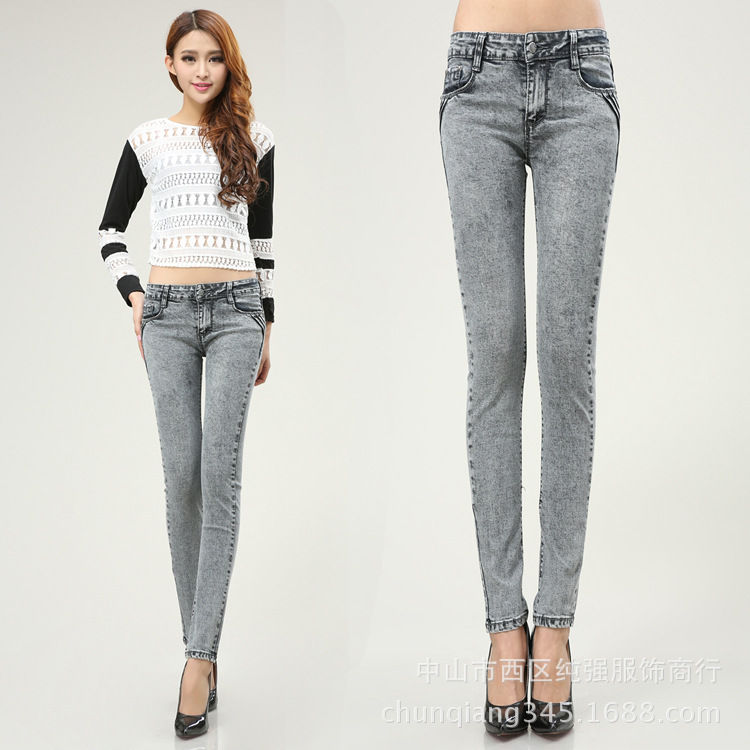厂家批发 春冬装新款韩版牛仔裤 磨白修身显瘦