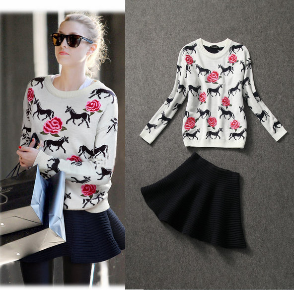 欧洲站2013秋冬新款女装<em>复古</em>小马玫瑰<em>绣花图</em>