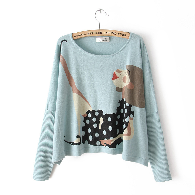 【秋季新款蝙蝠袖怪趣<em>女孩图案毛衣</em>套头<em>针织</em>衫