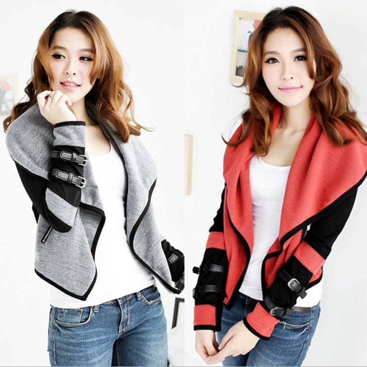 <em>秋冬</em>修身韩版<em>女装</em>长袖大翻领<em>针织开衫</em>短外套短