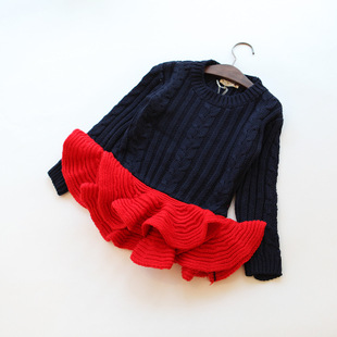 韩版女童冬款<em>毛衣</em>拼接<em>儿童</em>宝宝荷叶边新年圣诞