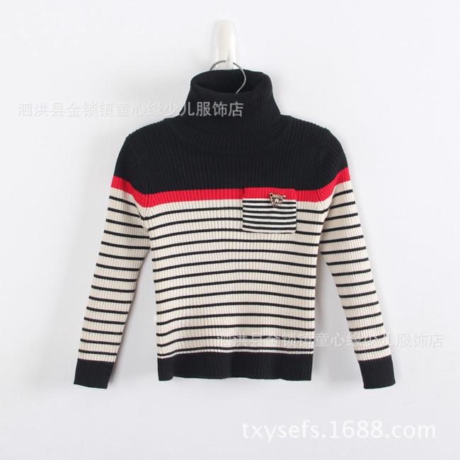 专柜正品 女童豹子头<em>条纹</em>拼接羊绒衫 <em>儿童毛衣</em>