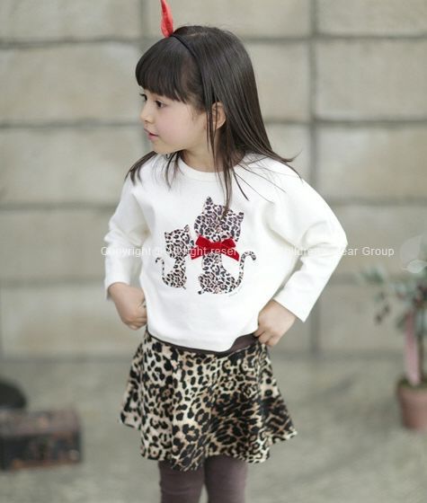 外贸韩版童装 2013韩版女童豹纹猫咪裙套装 时