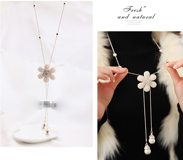 韩国水晶花朵 <em>百搭</em>珍珠<em>毛衣链 长款</em> 女 图片_高