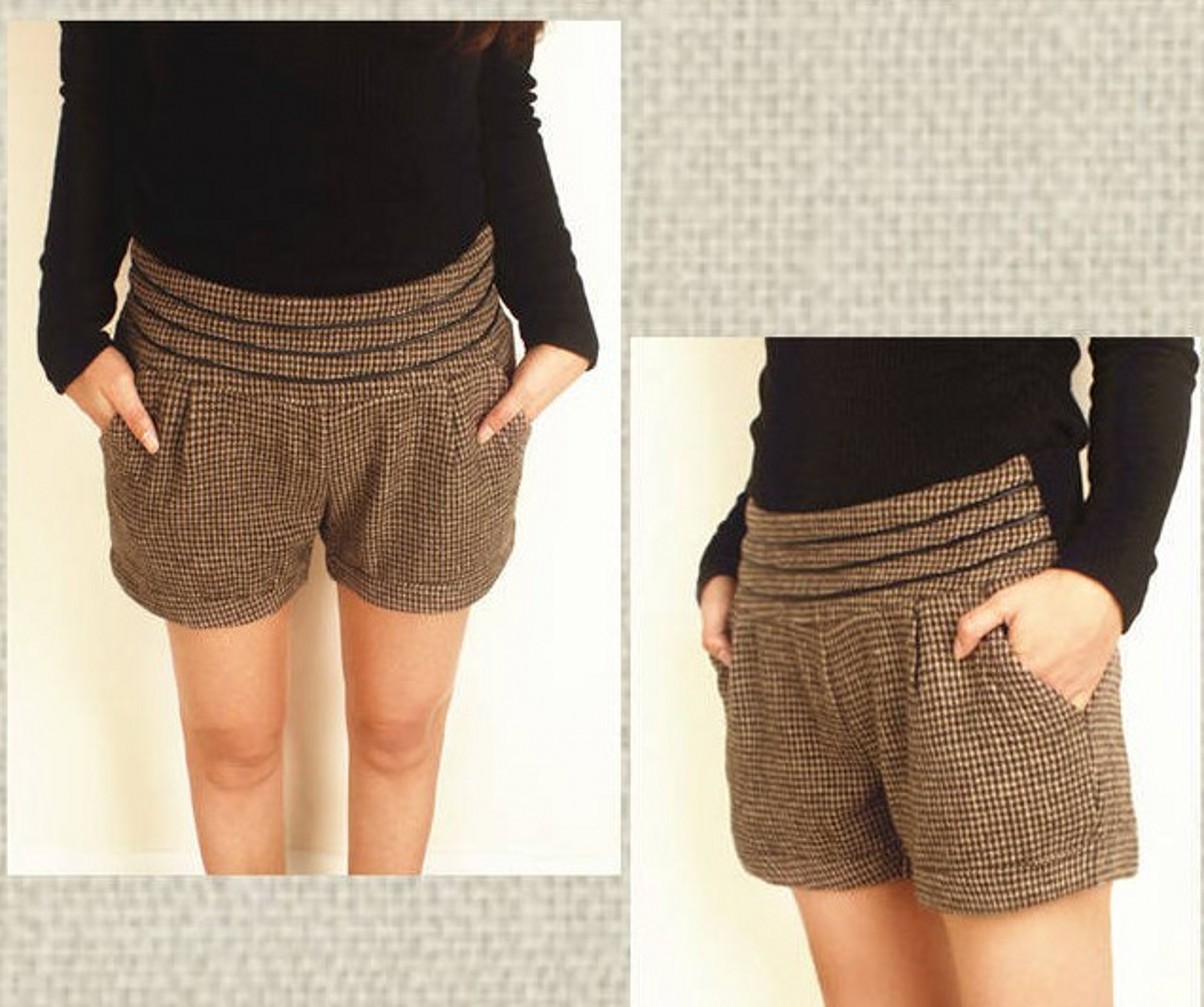 千鸟格毛呢<em>短裤秋冬</em>女韩版潮时尚大码<em>松紧</em>腰 