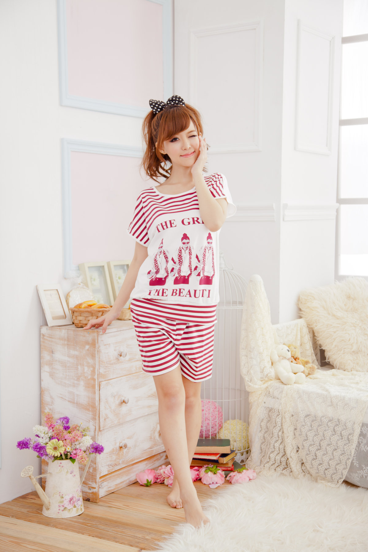 <em>夏季女式</em>条纹莫代尔<em>睡衣韩版</em>斑马条三个人短袖