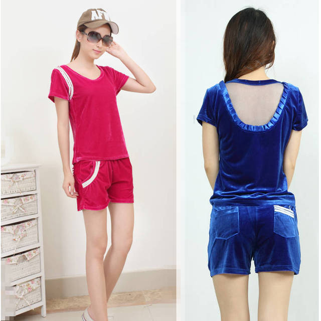 实拍2013新款韩版薄<em>金丝绒短袖短裤</em>运动套女