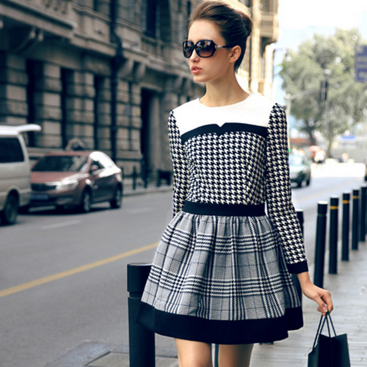 2013秋新款<em>女装欧洲</em>站 <em>大牌</em>明星拼接 千鸟格秋