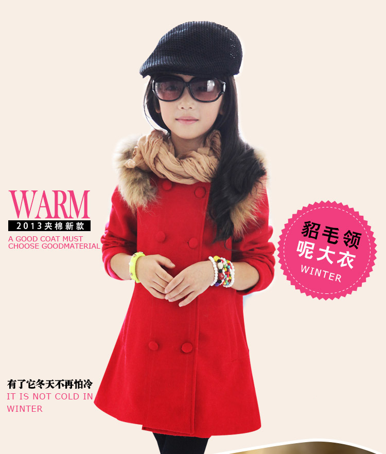 2013<em>女童外套</em>冬季新品大儿童双排扣貂毛领呢