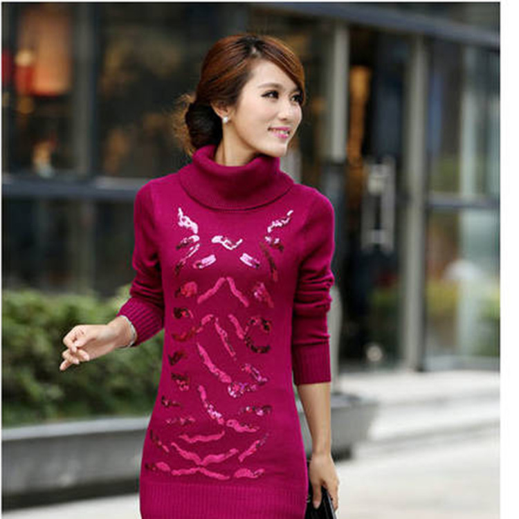 供应 秋冬韩版女装 <em>修身高领</em>亮片针织衫<em>加厚长</em>