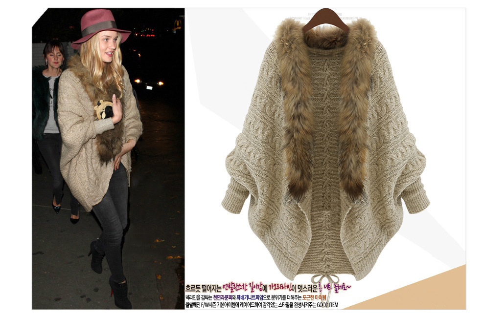 欧美女装2013冬装新款<em>开衫毛衣</em>蝙蝠袖真<em>毛领</em>