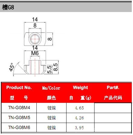 槽G8 T型螺母M4、 5、 6尺寸图