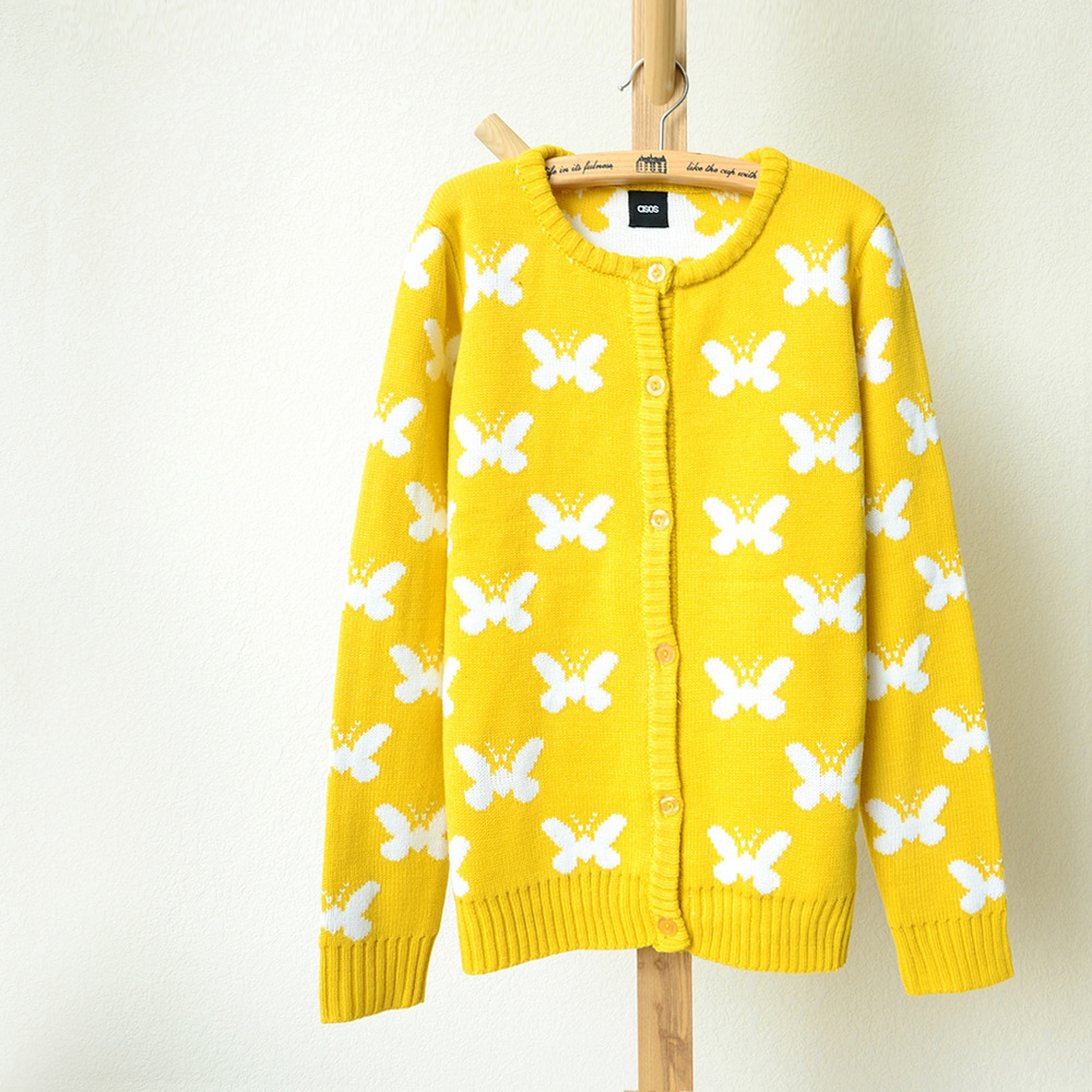 <em>欧美原单</em>asos女士蝴蝶提花<em>开衫毛衣</em> 双层毛线