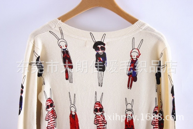 【2013新款兔子印花<em>针织开衫</em>动物<em>图案</em>中长款