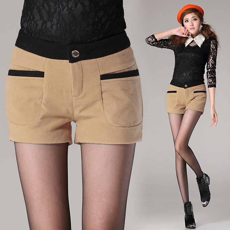 冬季韩国韩版 拼接修身冬季厚<em>打底裤</em> 毛呢<em>短裤</em>