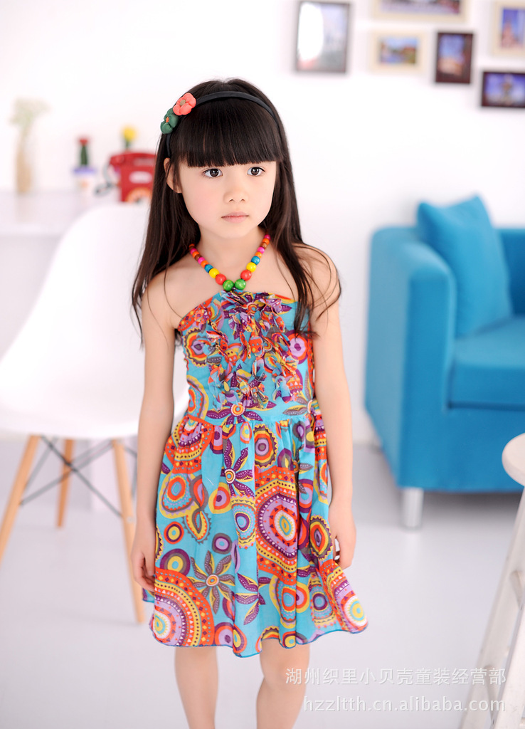 女童夏季爆款<em>波西米亚</em>串珠挂脖裙吊带裙花<em>裙子</em>