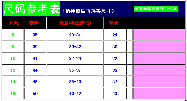 童裝堤花尺碼圖