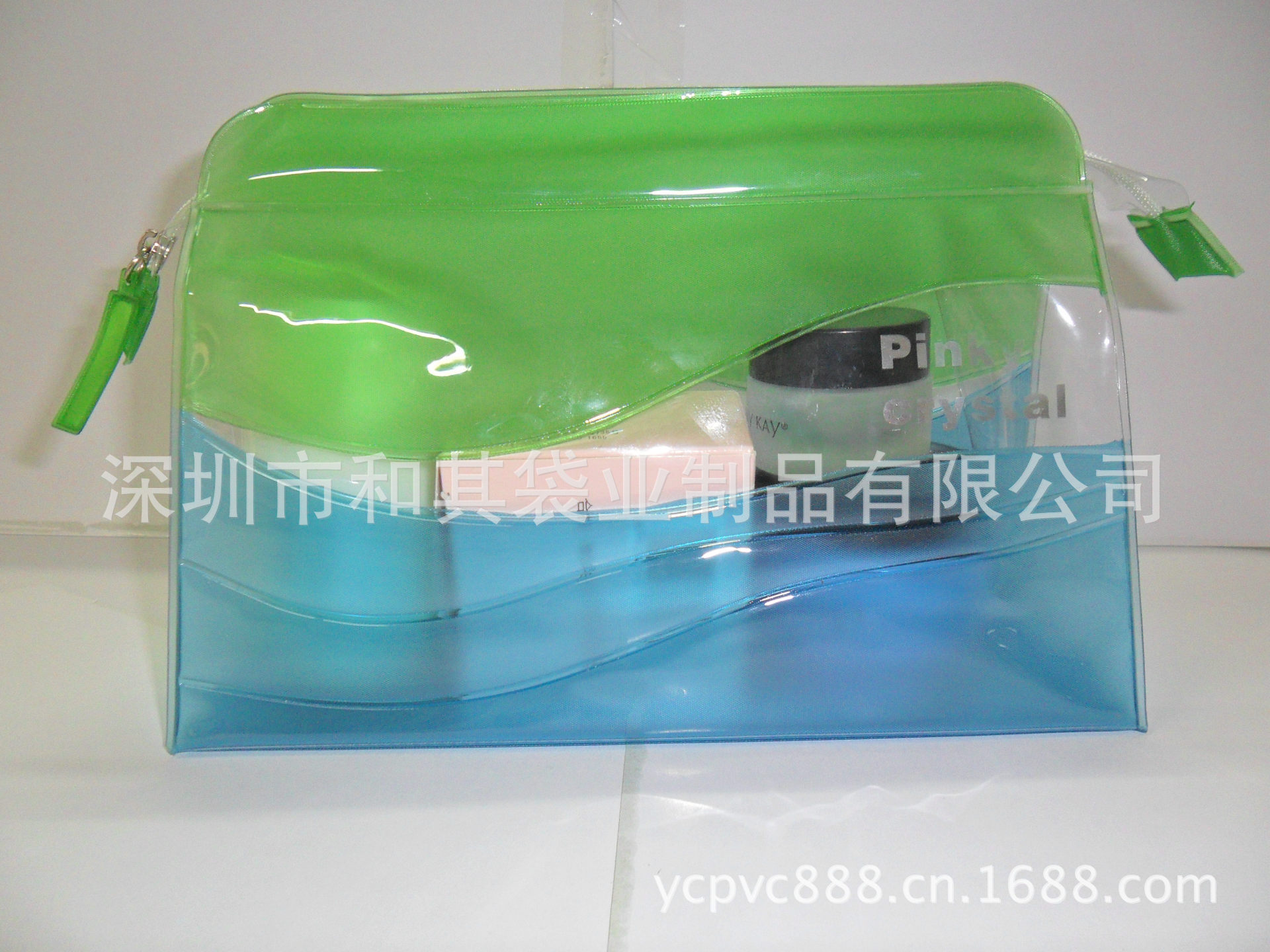 【厂家供应绿色加蓝色水波纹透明pvc化妆品包