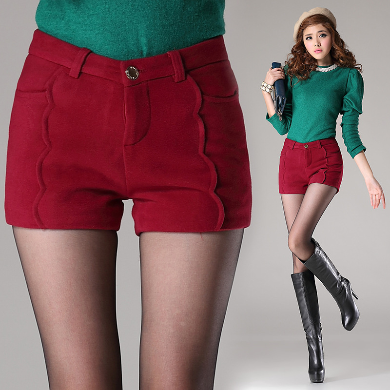 实拍 2013<em>冬季</em>新款波浪边<em>毛呢短裤</em>靴裤 修身显