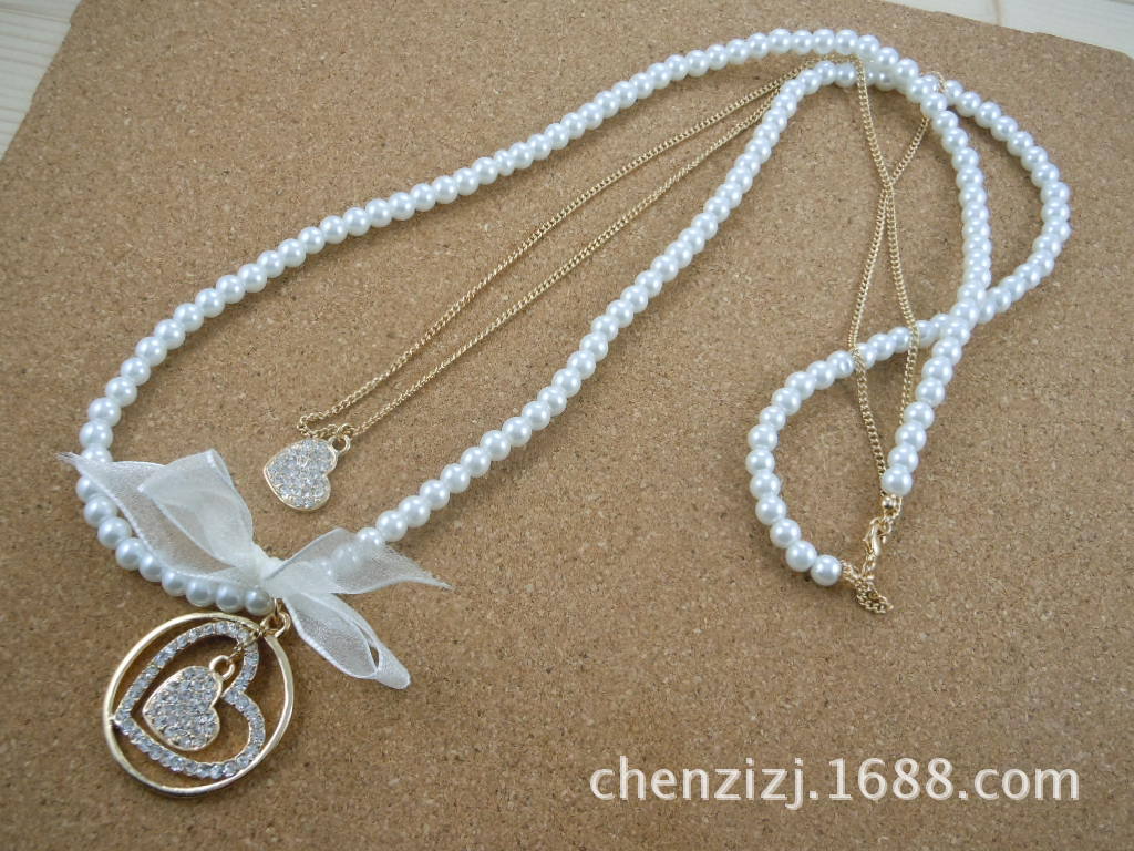 项链 镶钻爱心长链 双层心形 <em>珍珠毛衣链批发</em> 图