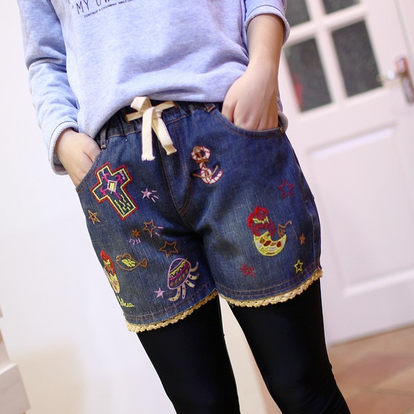 【日系美人鱼图案<em>刺绣休闲</em>牛仔<em>短裤</em>批发】价格