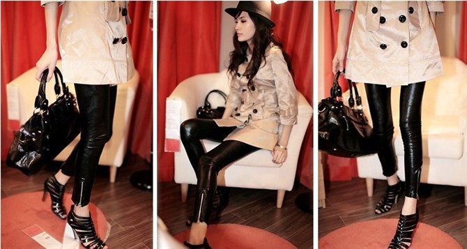 Korean-style slimming tight leather pants, European and American imitation leather zipper matte nine-inch leggings pic 1