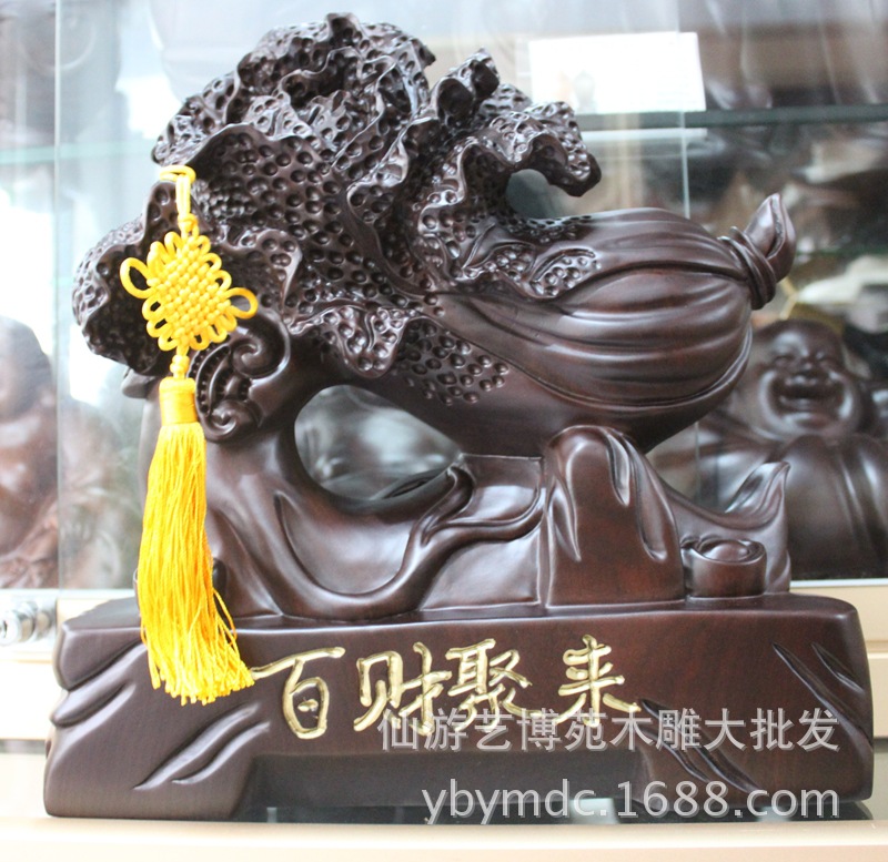 35cm百财聚来(白菜)木雕摆件 黑檀实木礼品 红木工艺品批发