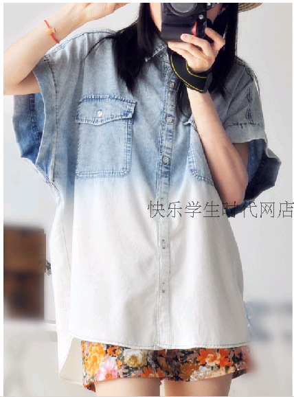 <em>牛仔</em>衬衫短袖森女系棉宽松<em>大码</em>衬衫<em>女外套上衣</em>