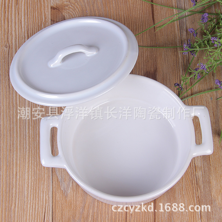 厂家直销长洋外贸库存陶瓷烤碗,烘焙碗,纯白汤碗,双耳圆碗