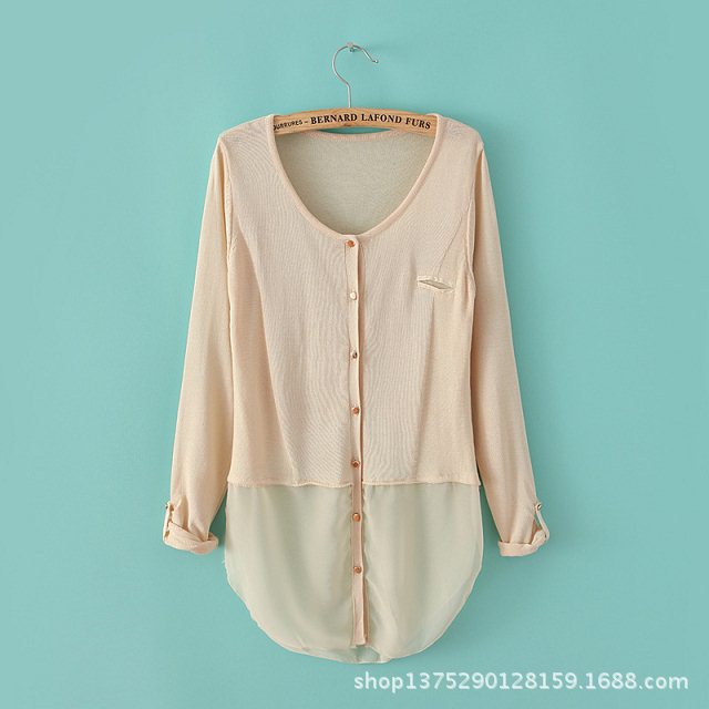 2014新款韩版<em>雪纺拼接</em>椭圆下摆<em>针织开衫</em>女装