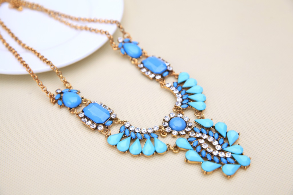 波西米亚风格土耳其蓝镶钻<em>吊坠</em>短项链 <em>毛衣</em>链